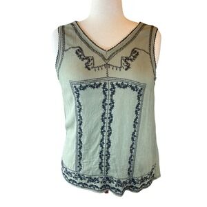 Embroidered Boho Top Crinkle Rayon Sage Green Sleeveless Large